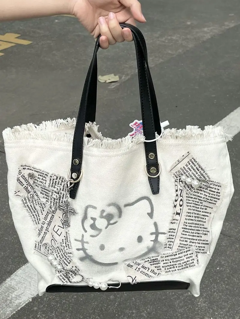 New Kitty Cat Handbag Embroidered Canvas Shoulder Bag Large Capacity Tote Bag Casual And Cute Girl Crossbody Bag