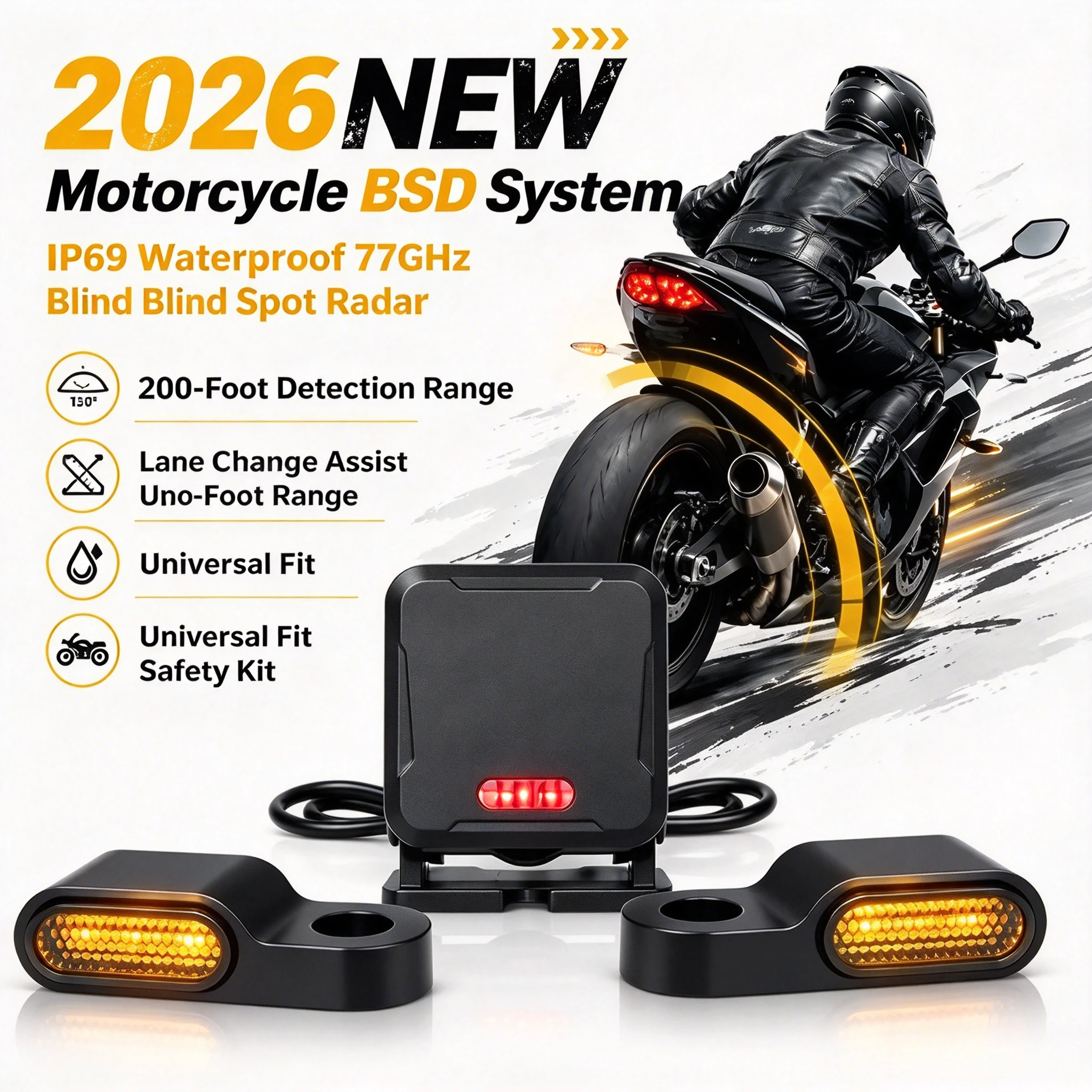 IP69 Waterproof 77GHz Motorcycle BSD System 200-Foot Range Blind Spot Radar Lane Change Assist Safety Kit Universal Fit