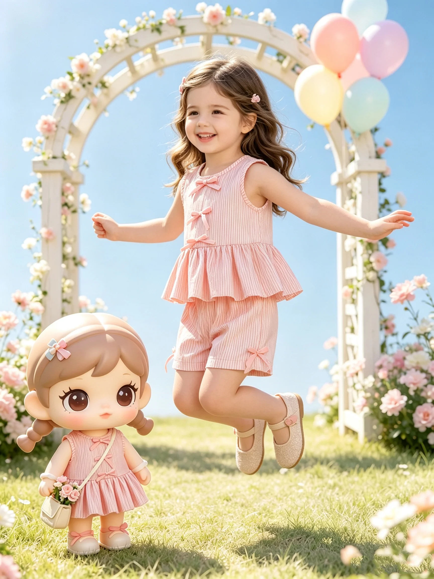 Fashion girl pink and white striped round neck lace up bow ruffle edge+pink striped side butterfly shorts two-piece set