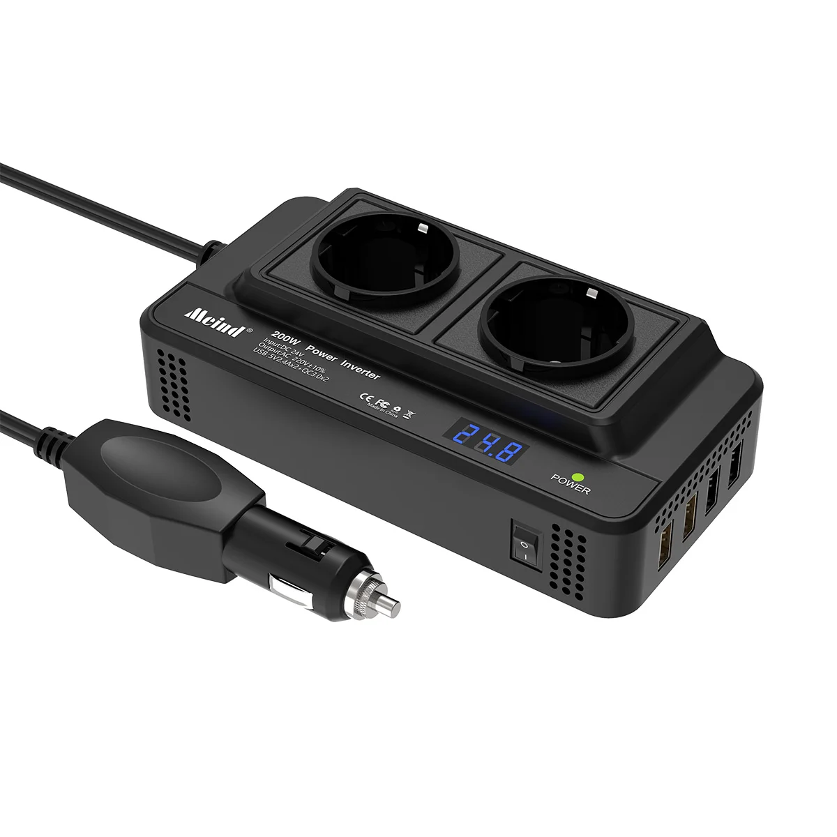 Meind 200W Power Inverter 24V to 220V Dual EU AC Sockets USB&QC 3.0 Fast Charging Ports with Cigarette Lighter Plug