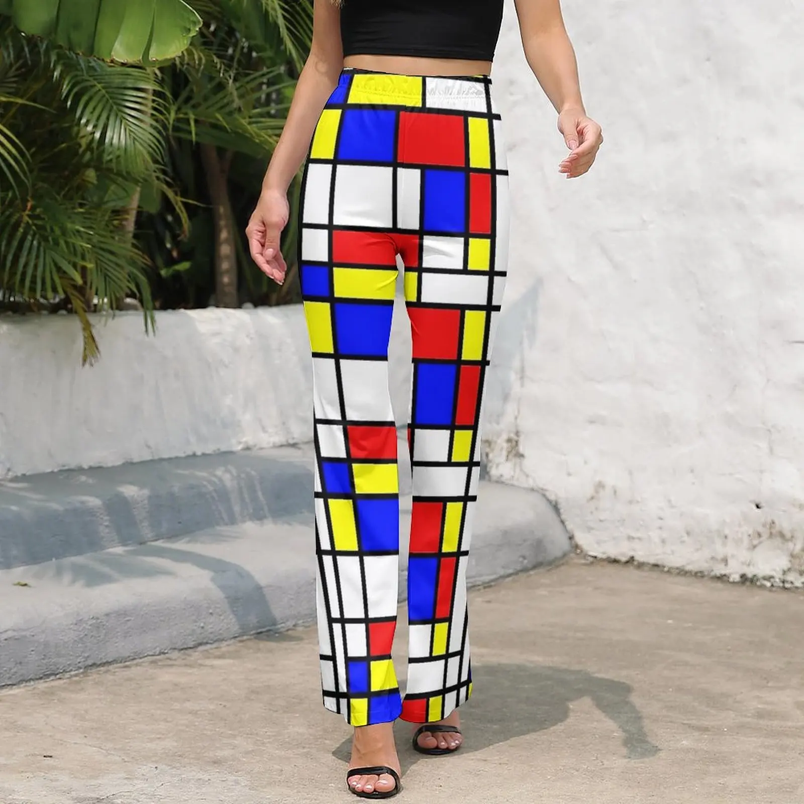 Retro Mondrian Print Pants  Office Flare Trousers Spring Women Pattern Streetwear Slim Pants