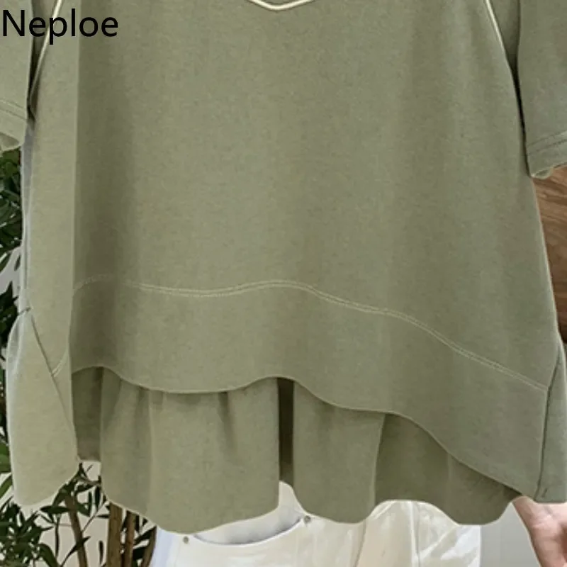 Neploe Fake Two Piece Women Tops New Arrival O-Neck Short Sleeve Tees Loose Cotton Irregualr Length T Shirts 43644