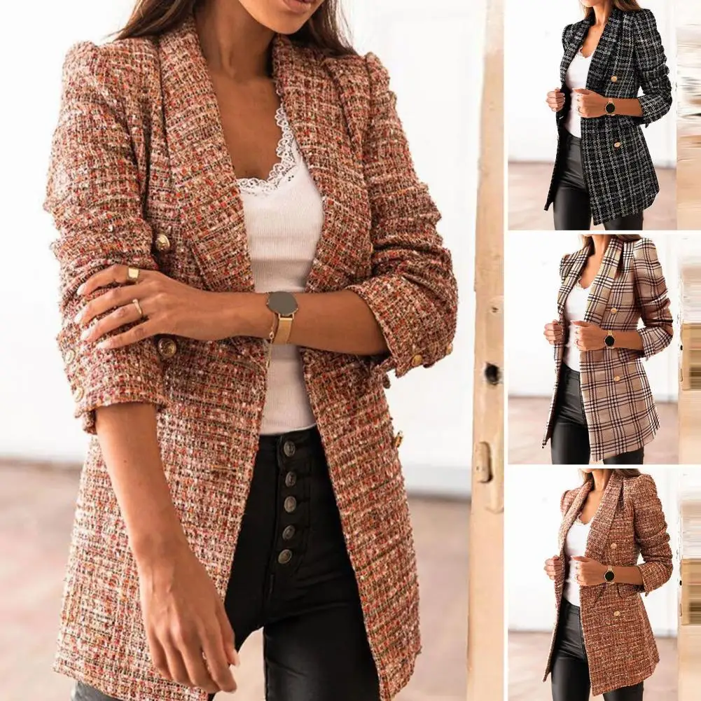 Trendy Autumn Blazer  Long Sleeves Casual Women Autumn Blazer  Plaid Print Autumn Blazer