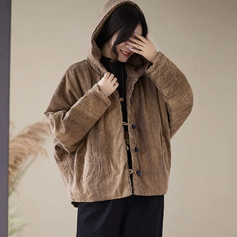 الخريف الشتاء خمر نمط فضفاض الإناث ملابس خارجية غير رسمية معاطف B2020 سميكة الدافئة جاكت مزود بغطاء للرأس المرأة جديد وصول 2025