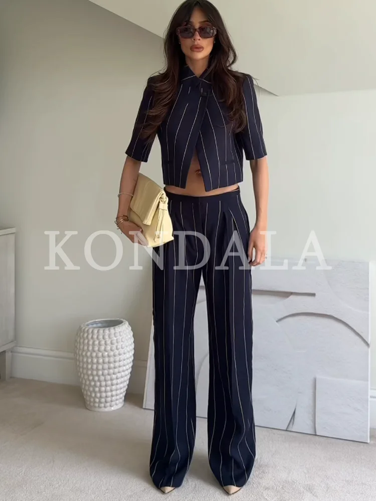KONDALA Elegantes Pendler-Set für Damen: Gestreifter Kurzarm-Blazer und Plissierte Hose im High-Street-Stil – Sommer 2026 Trendiges Hosen-Set – Detail 3