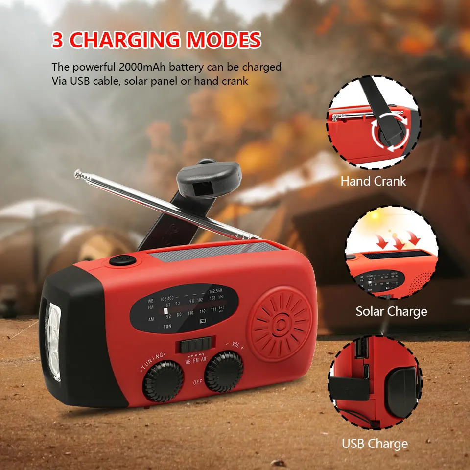 

2000mAh Emergency Crank Weather Radio FM/AM Solar Radio Portable Radio with 1W 3Modes LED Flashlight for Camping Hiking