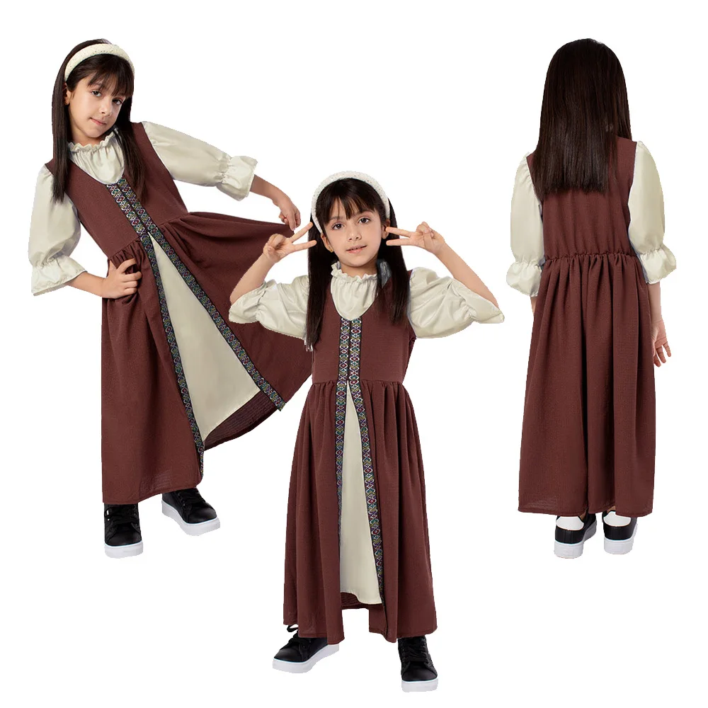 Kids Girls Medieval Renaissance Retro Cosplay Brown Dress Costume Court Palace Clothing Outfits Halloween Carnival Party Suit