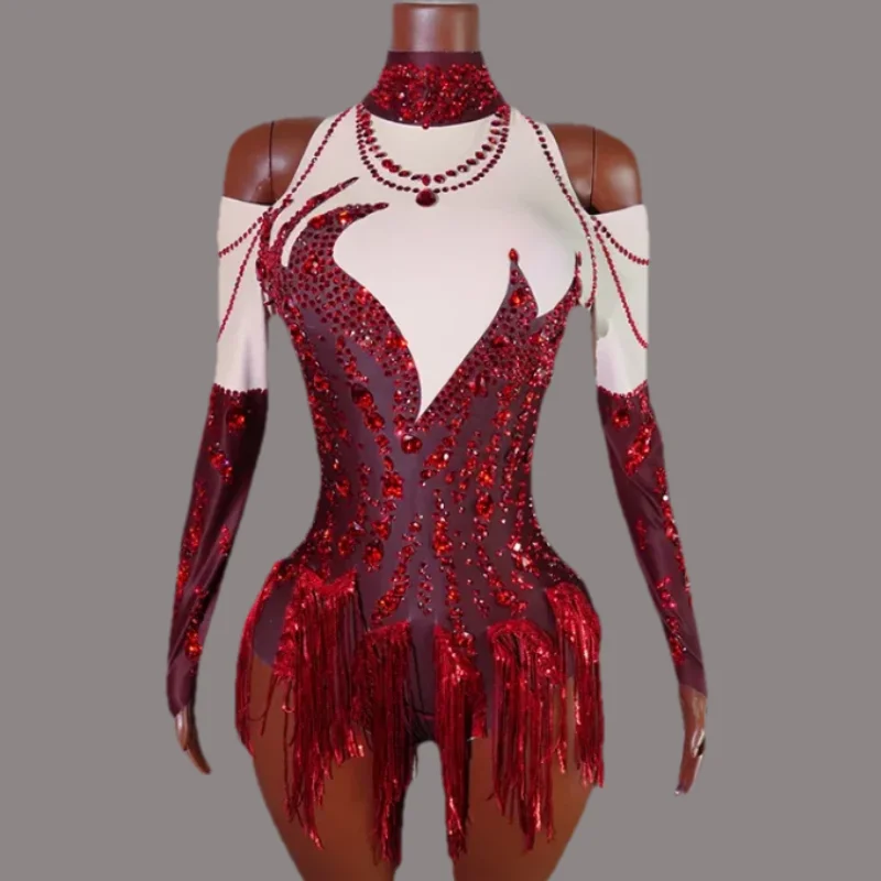 

Stage Outfit Dress Women Sexy Rhinestones Bodysuit Red Tassels Drag Queen Costumes Pole Dance Nightclub Party Performace Wear