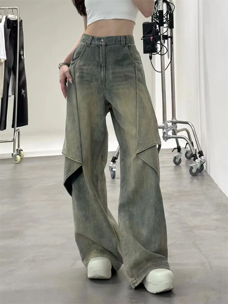 Vintage Washable Variable Micro Horn Jeans Women's American High Waist Straight Tube Loose Fashion Wide Leg Pants Vertical Pants