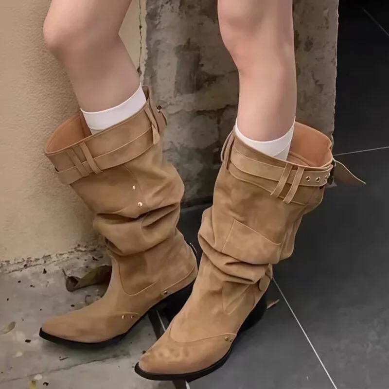 Pointed Toe Women High Boots Designer Fashion Shoes High Heels Chunky Elegant Shoes 2025 Winter Trend Women’s Motorcycle