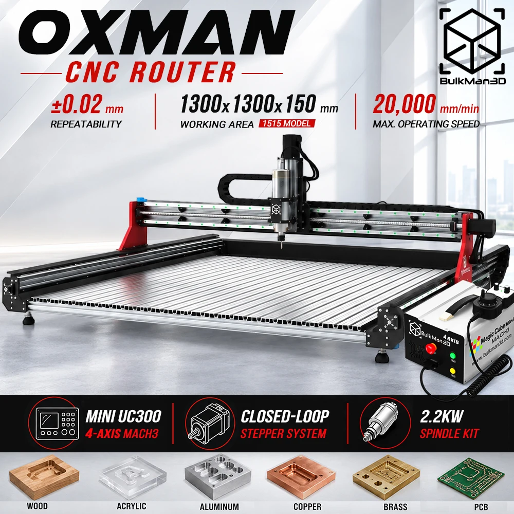 BulkMan3D OXMAN Ultra 4-Axis CNC Router with Closed-Loop SFU1610 Ball Screw Dual Rails Mach3 Control for Metal Wood Engraving