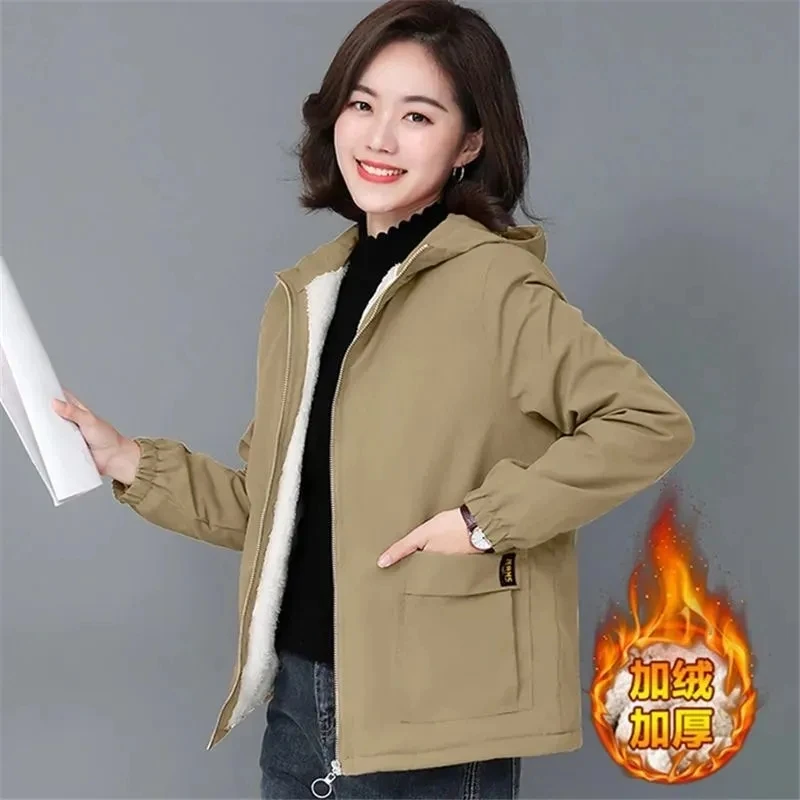 

Add Velvet Thickened Warm Coat Tops Women's Spring Autumn Winter Jacket Korean Loose Short Windbreaker Outerwear Female