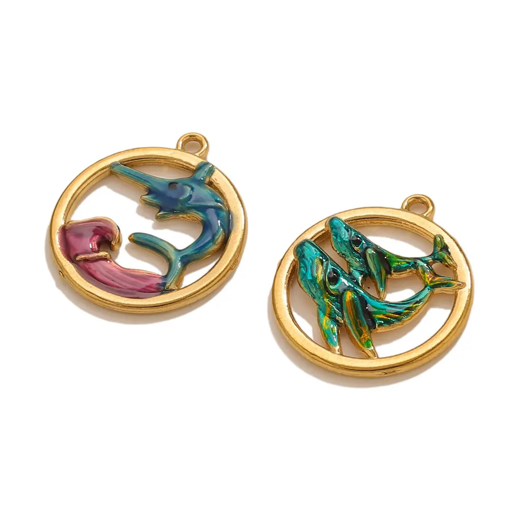 2pcs Stainless Steel Colorful Enamel Fish Bird Charms For Jewelry Making Round Animel Pendants DIY Jewelry Charms Findings