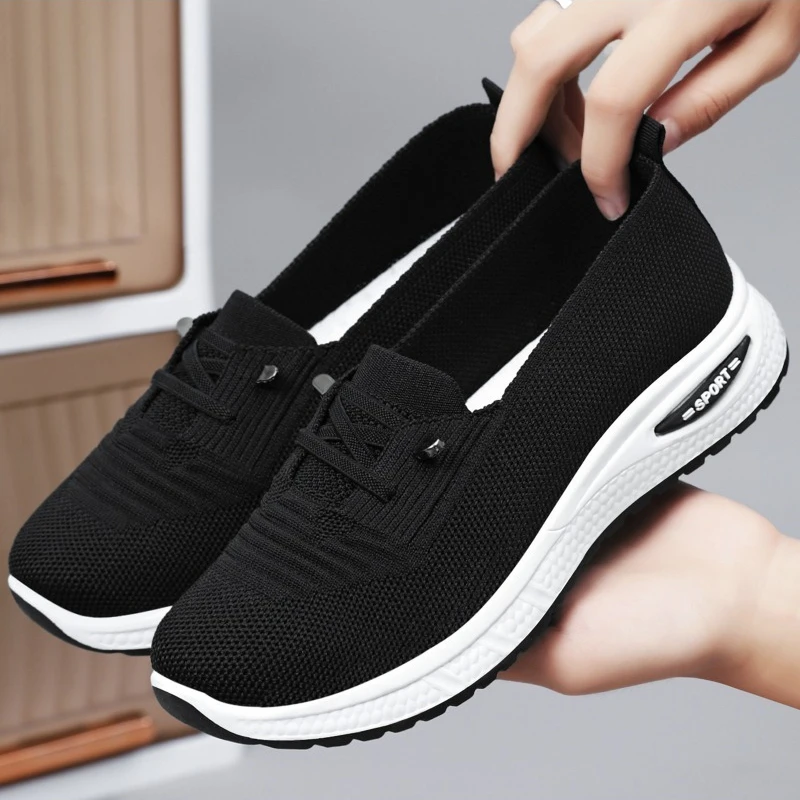 

Summer Shallow Mouth Slip On Fly Woven Mesh Shoes Breathable Soft Sole Comfort Mom Daily Walking Flat Casual Sneakers