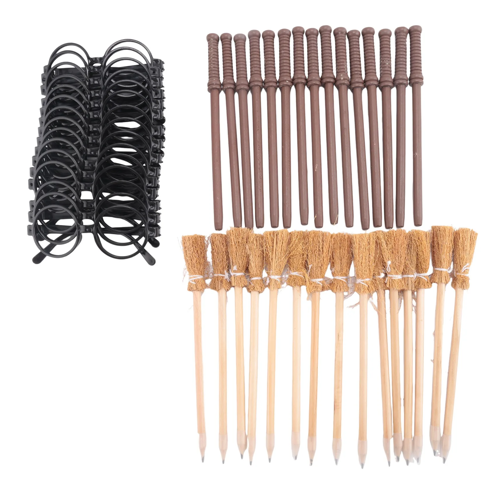 

EYFL-45 Pack Witch Broom Pencils and Wands Round Frame Pencils and Glasses No Lens, Witch Wand Theme Party Supplies