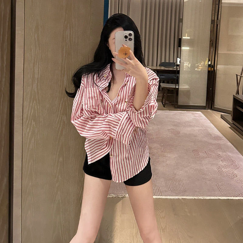 Lazy Style Pink Striped Shirt for Women's Spring Autumn New Embroidery Loose Youth Fashion Blouse Korean High Street Clothing