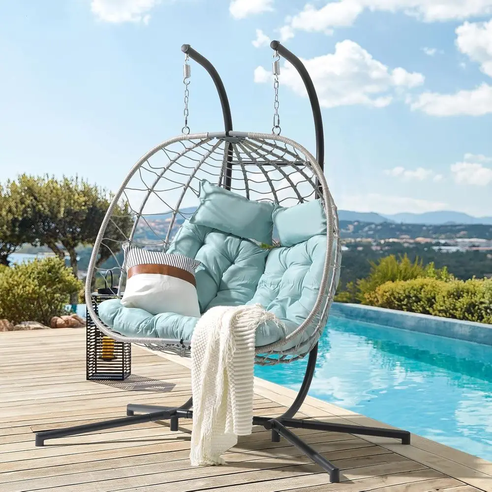 

2-Person Outdoor Swing Chair with Stand, Wicker Rattan Hanging Egg Chair with Cushion and Pillow, 550lbs Capacity, Ideal for Pat