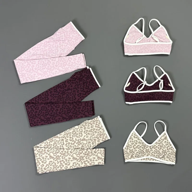 2 Pcs Fitness Sets Women Leopard Print Contrast Edge Removable Pad Bra Breathable Squat Proof Pants Suit Sports Workout Set