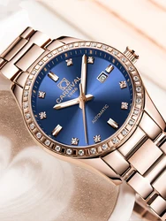 Carnaval nuevo Reloj de lujo de oro rosa con esfera azul para Mujer, relojes mecánicos automáticos, pulseras, regalo para Mujer