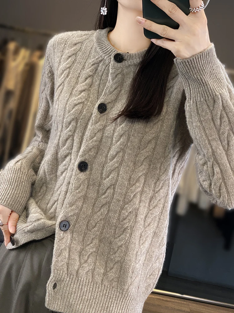 المرأة Preppy نمط كابل الحياكة سترة الخريف الشتاء جودة كم سترة الكشمير المعنقة سميكة 100% ميرينو الصوف محبوك القمم