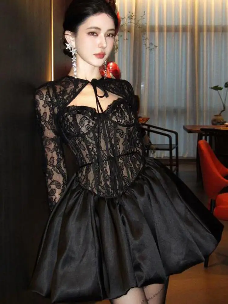 

Korean Spring Summer Women Black Lace High Waist V Neck Slip Short Dress And Long Sleeve Cardigans Lace-up Tops Two Pieces Sets