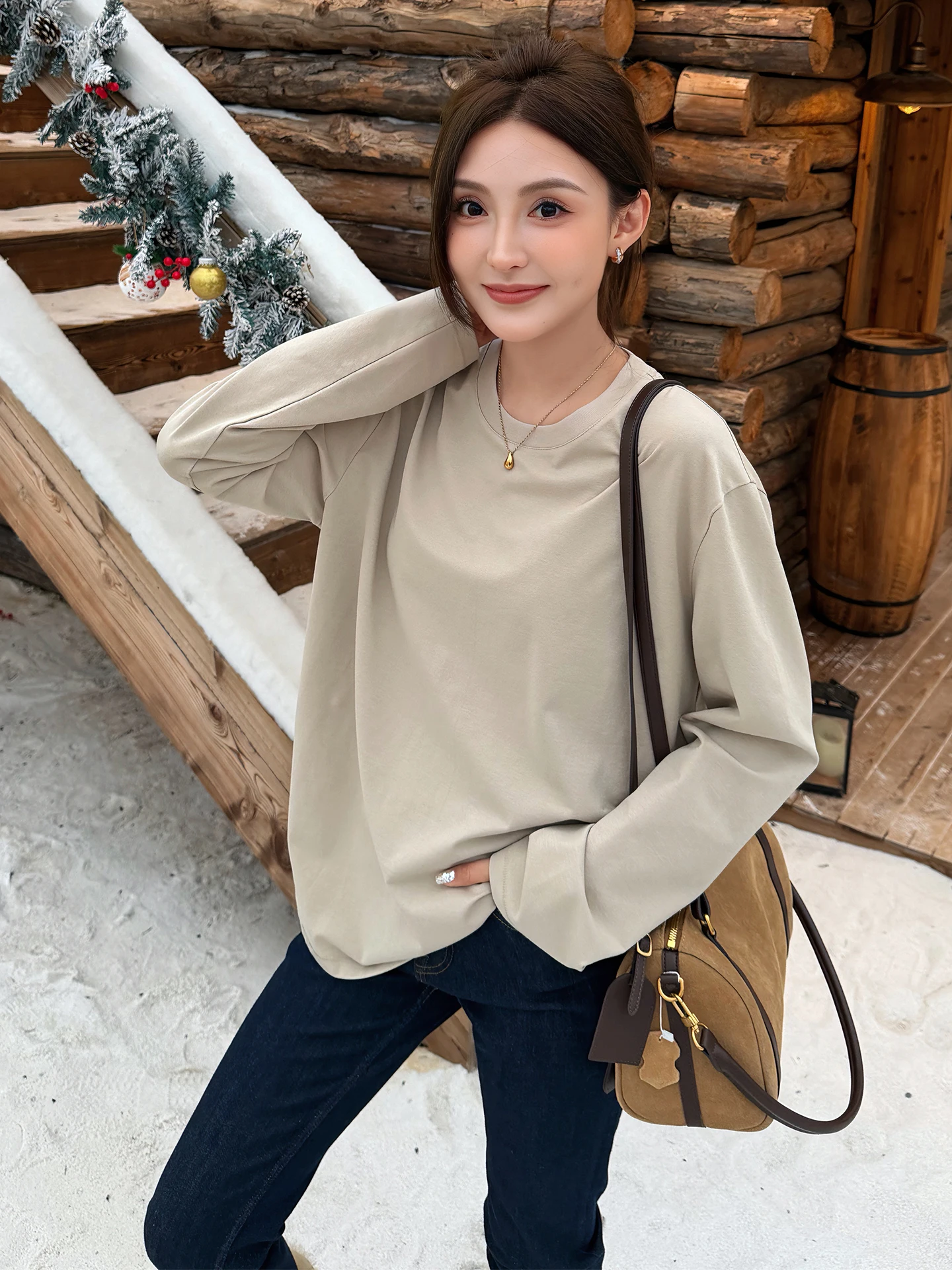 

mat Pure Color Long Sve T-irt Casual Base Layer Top for Daily Wear Ladies' Loose Fit Cotton Polyester Blend