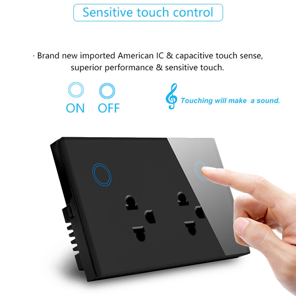 WIFI Smart 3 Pin Double Socket 10A Touch Glass Panel Thailand Outlet Voice Remote Control Tuya Smartlife APP Alexa Google