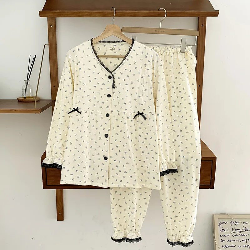 Pure Cotton Maternity Nursing Sleepwear Sets Spring New Korean Fashion Postpartum Pajamas Suit Pregnancy Home Lounge