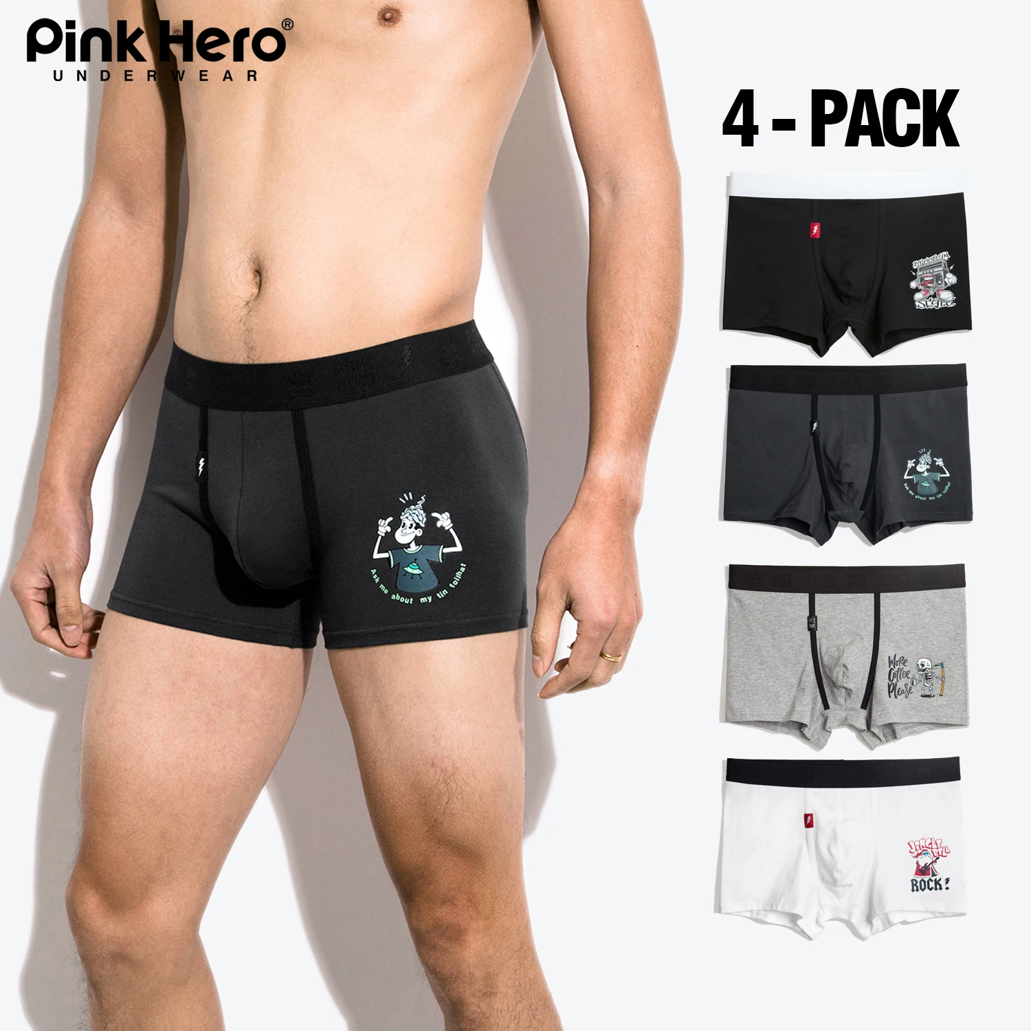 4 Pcs Men\'s boxer briefs PINKHERO 549,Novelty Printed Stretch Stylish Comfortable Soft Youth Underwear, Trouser Legs No Roll