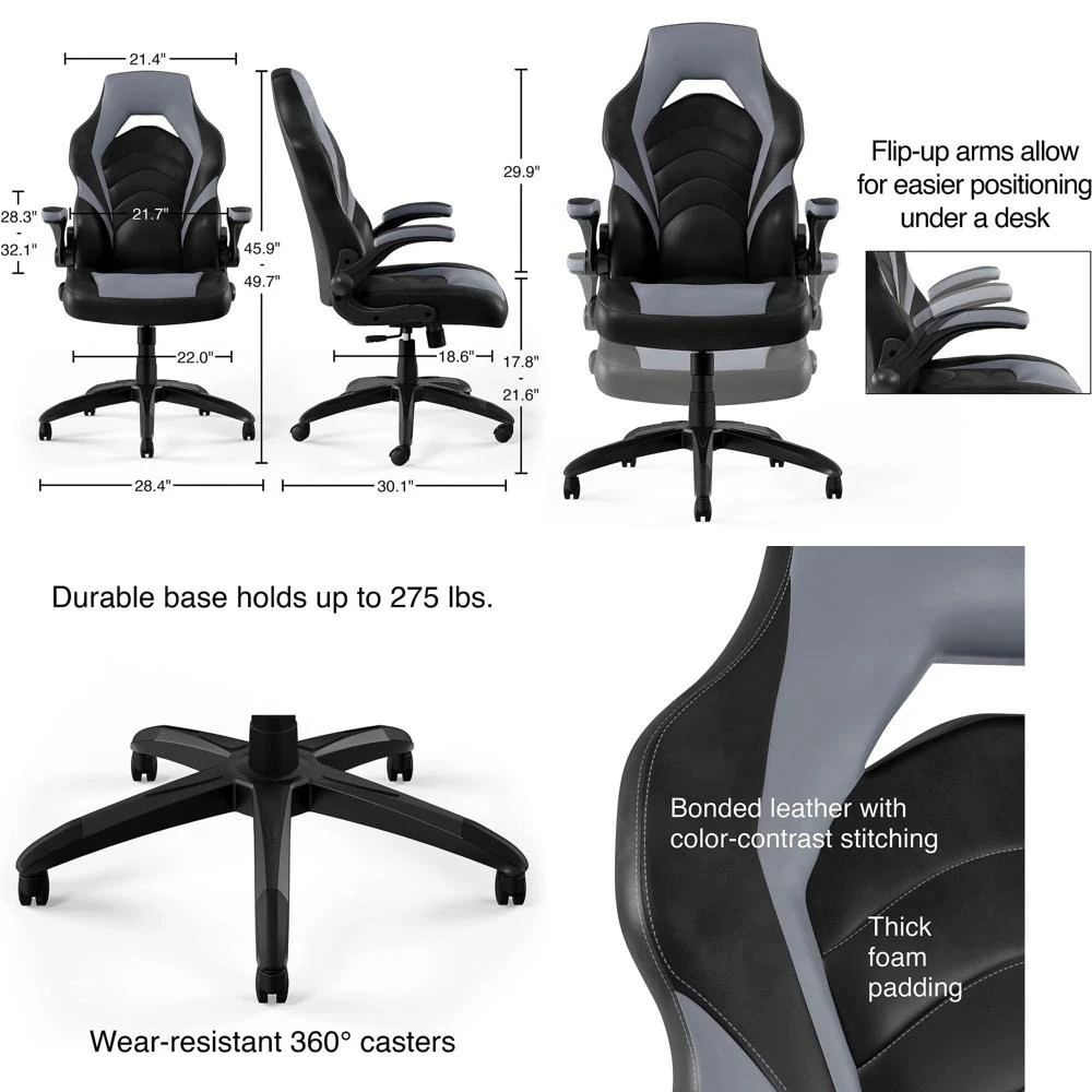 

Эргономичное игровое кресло с высокой спинкой из искусственной кожи, поясничной поддержкой и регулируемым замком, черно-серое