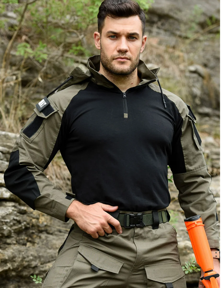 Mens Outdoor Tactical Hooded Polo Shirt Quick Drying Camouflage Long Sleeve Training Shirts High Quality Breathable Combat Top