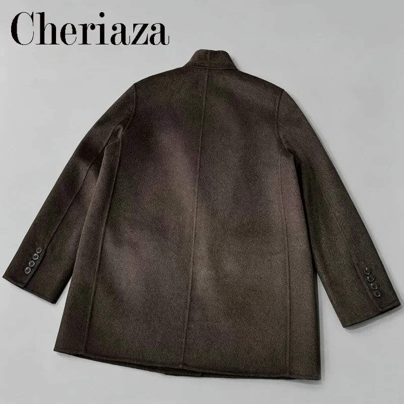 Women's Short Woolen Suit Jacket with V-Neck Stand Collar