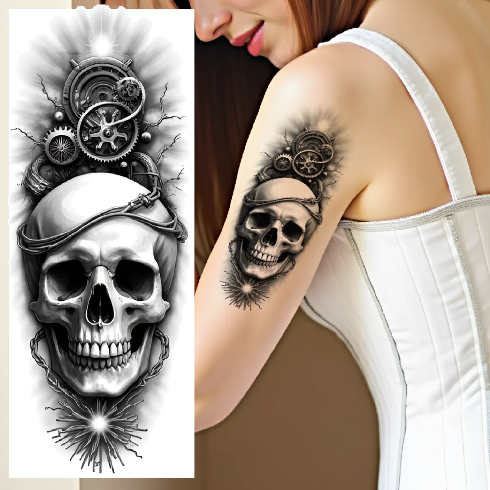 

3pcs Temporary Tattoo Realistic Temporary Tattoos Ice Skull Spiked Skull Mechanical Skull For Men Thighs Arms