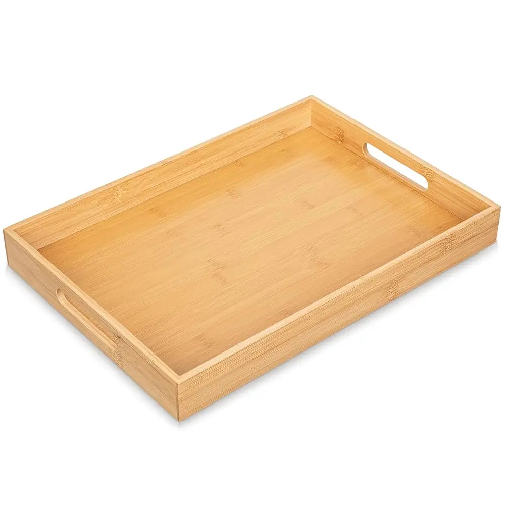 

Декоративный бамбуковый поднос с ручками - прямоугольный сервировочный поднос 16 x 12 дюймов для декора кофейного столика, кухонной столешницы в стиле фермерского дома