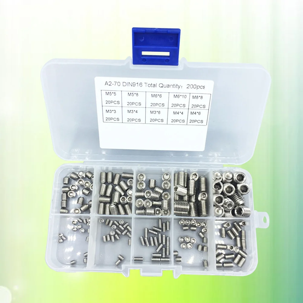 

200pcs Stainless Steel Socket Set Screw 10 Sizes Hex Allen Head Grub Screw Assortment Kit For Machinery Fixing