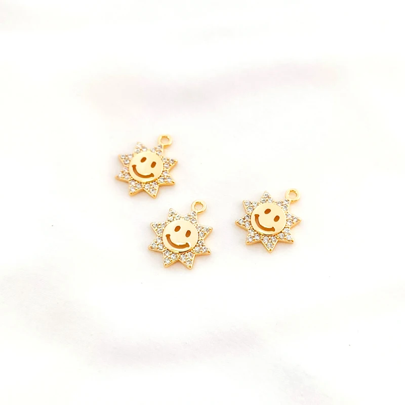 1pcs  11mm copper wrapped 14K Gold Set zircon smiling face pendant DIY hand made jewelry earrings bracelet accessories materials