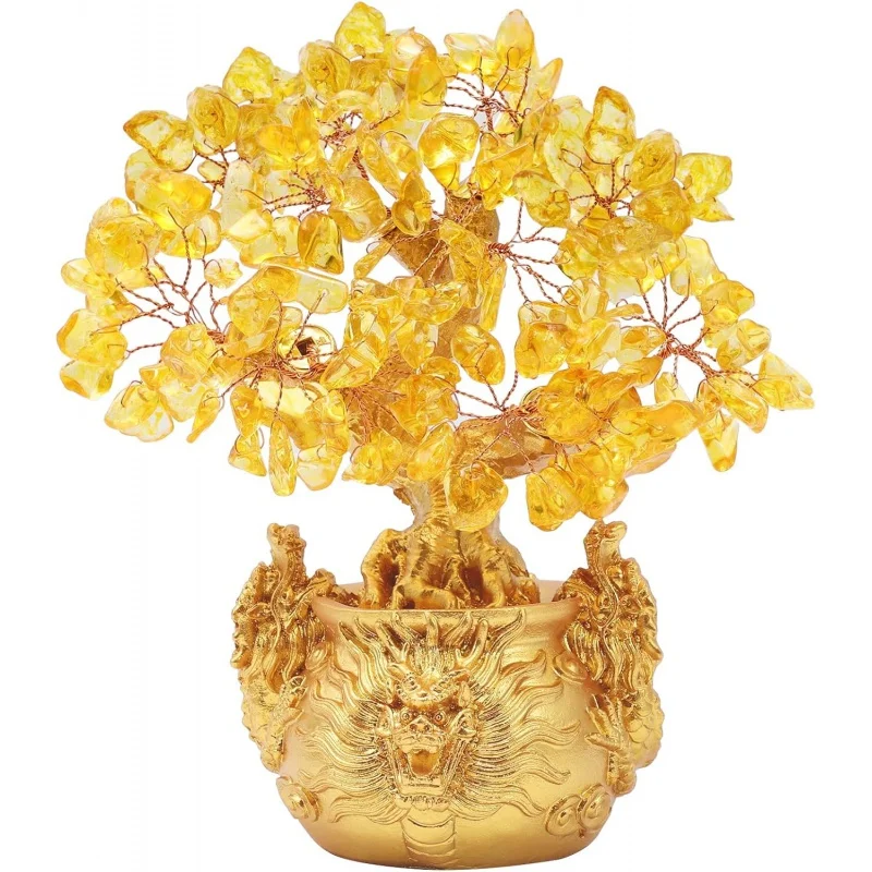 Bwinka Feng Shui Citrine/Yellow Crytal Money Tree Bonsai with Chinese Decoration for Luck and Wealth