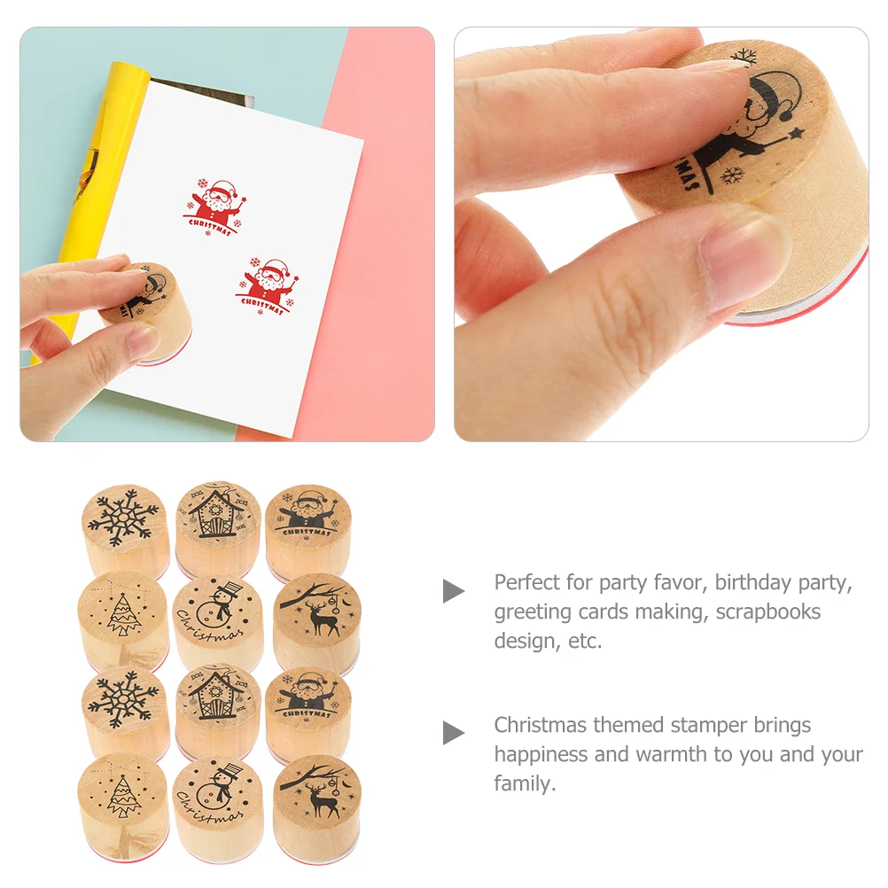 12 Pcs Christmas Stamps for Card Making Ink Small Embossing Folders Scrapbook Seal Wood Stamper Child Nail Decoration