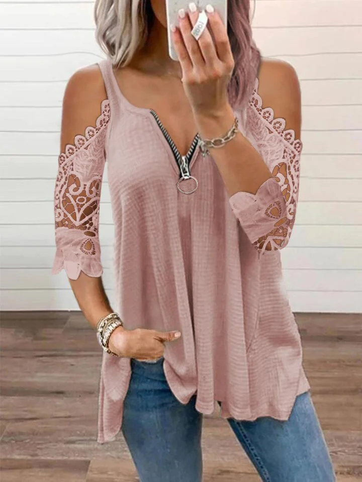 Mode Off Shoulder Tops Sexy Kant Mouw Patchwork Losse Blouses Tops Casual Plus Size Rits V-hals Vrouwelijke Tuniek Tops t-shirt