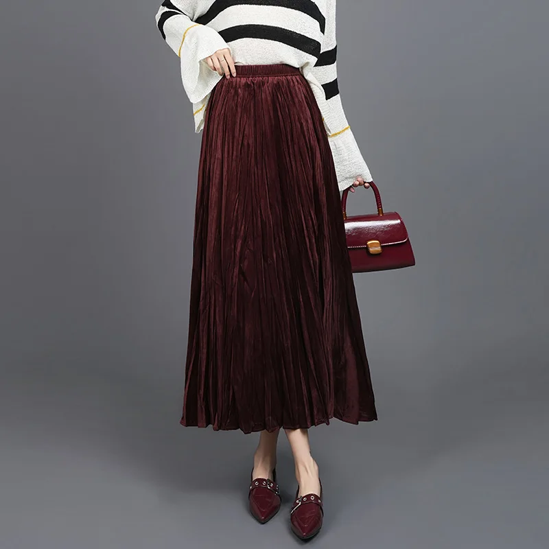 

Юбка А-силуэта из золотистого вельвета в стиле Хепберн, с завышенной талией, женская, осенне-зимняя, новая модная, приталенная, винтажная, плиссированная, длинная юбка