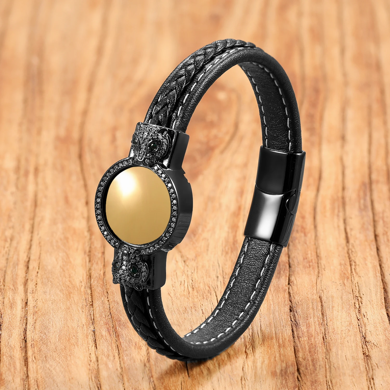 Pave Set Cubic Zirconia Luxury Bracelet for Man Braided Leather Energy Balance Hematite Stone Bracelets Women Jewelry Gifts