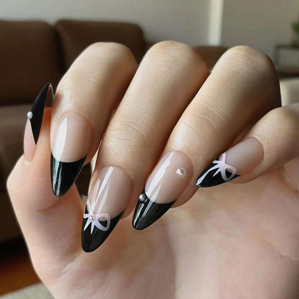 

24Pcs Bowknot Pearl Short Almond False Nails Black French Sweet Cool Girl Press on Nails Full Cover Artificial Fake Nail Patches