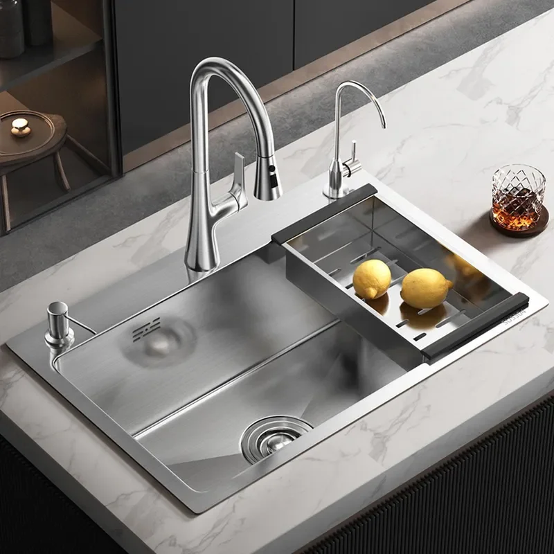 for Thickened SUS304 Stainless Steel Wire Drawing Kitchen Sink Large Single Slot Manual Dishwashing Basin Mid Counter Under