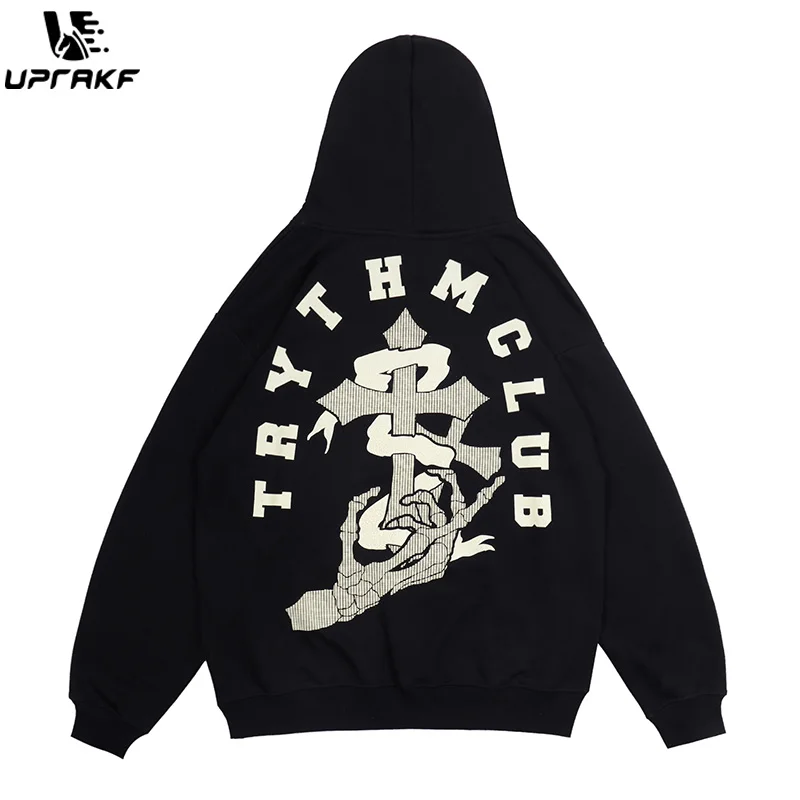 UPRAKF Finger Bone Cross Graphic Print Hoodie Hip Hop Casual Pullover Long Sleeve Streetwear Autumn Gothic Tops