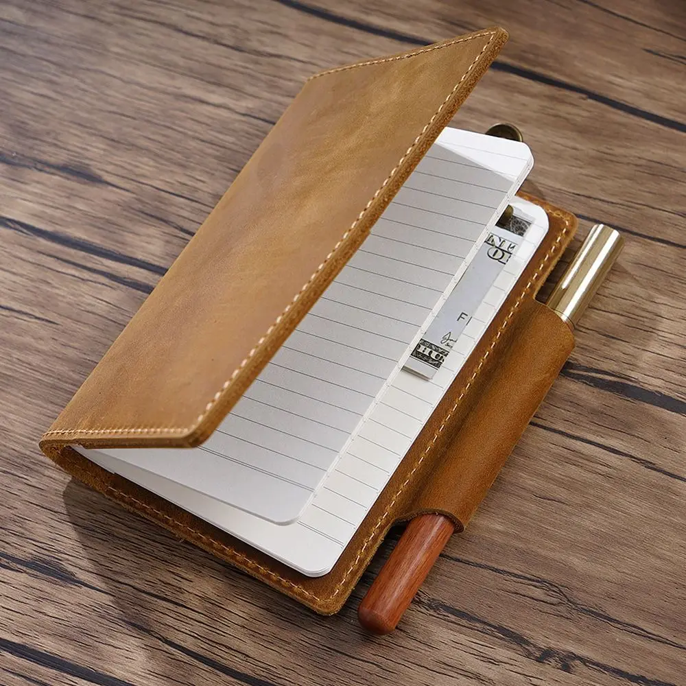 

Блокнот из натуральной кожи Crazy Horse с отделением для ручки, держателем для ID и кредитных карт, винтажный, со сменным блоком