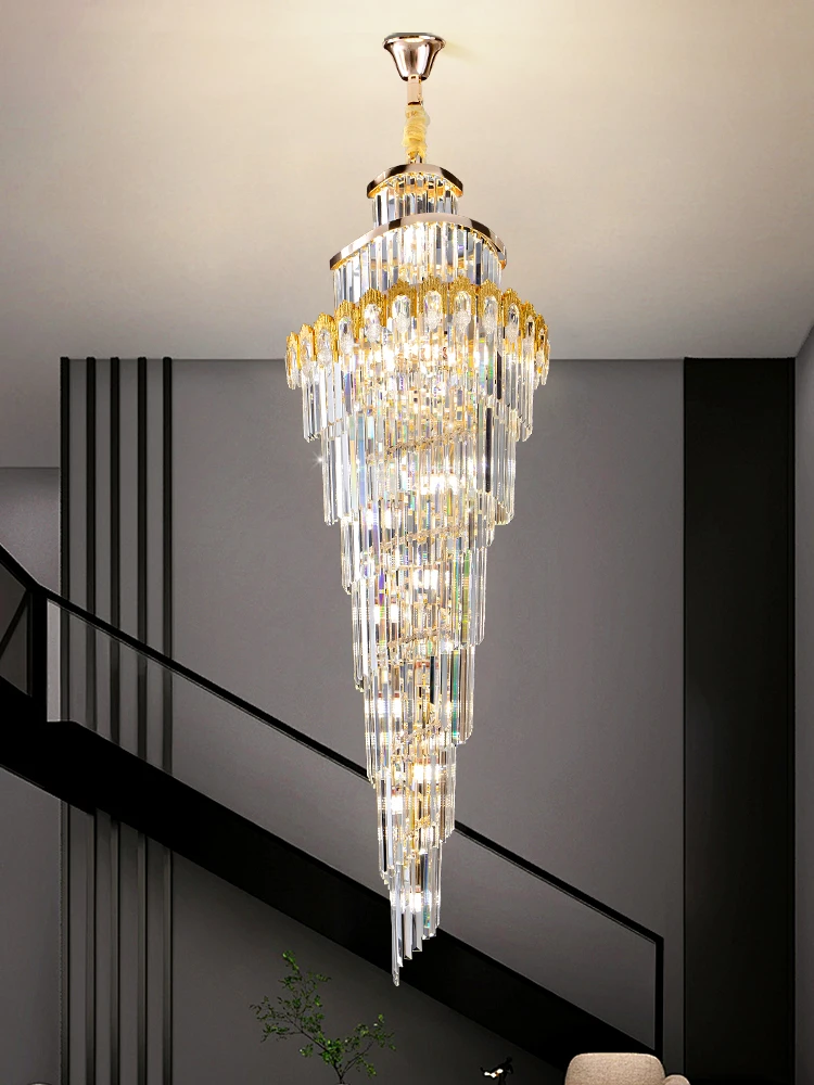 Duplex Building Crystal Chandelier Light Luxury Villa High Hollow Living Room Chandelier Spiral Staircase Lamp Long Chandelier