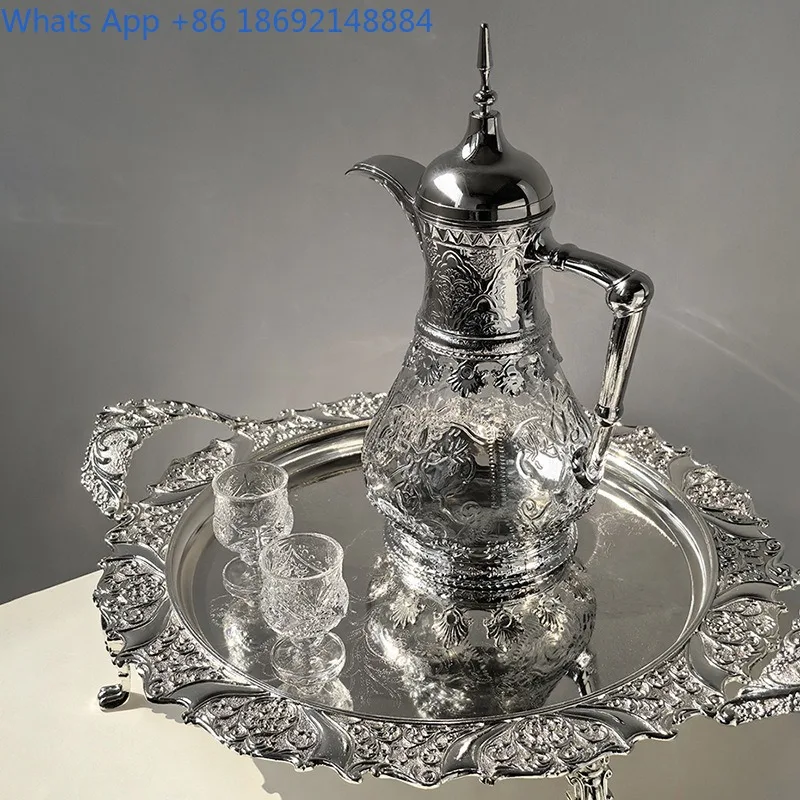 Vintage High-End Relief Silver-Plated Glass Cold Water Pitcher Light Luxury Style Home Decor Tea Water Pitcher