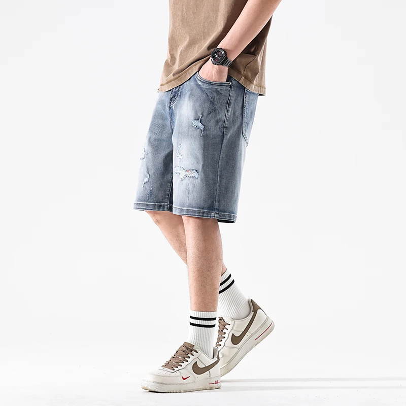 Cowboy shorts men's Korean version ripped hole loose slim fit summer thin casual  retro plus size pants jeans for men