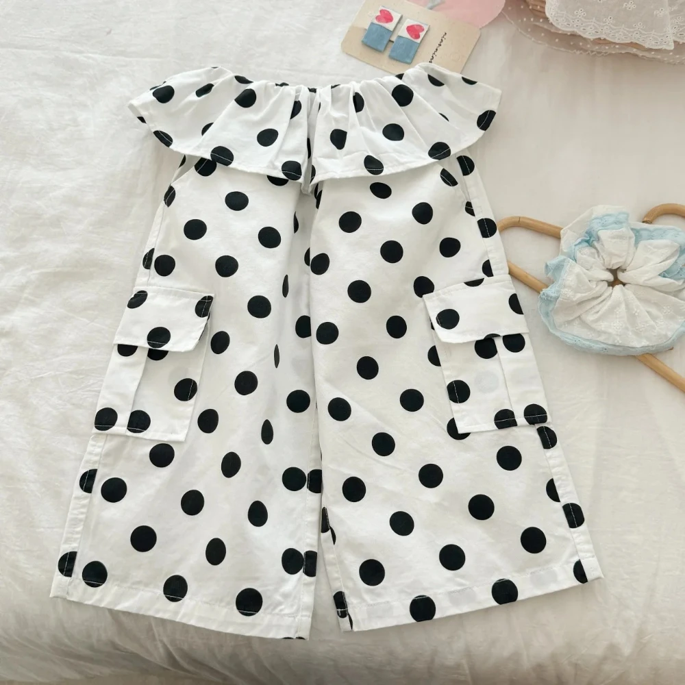 

Корейские бежевые повседневные детские брюки 2026 года, летние, новые, с принтом в горошек, с декоративными карманами, прямые брюки для девочек