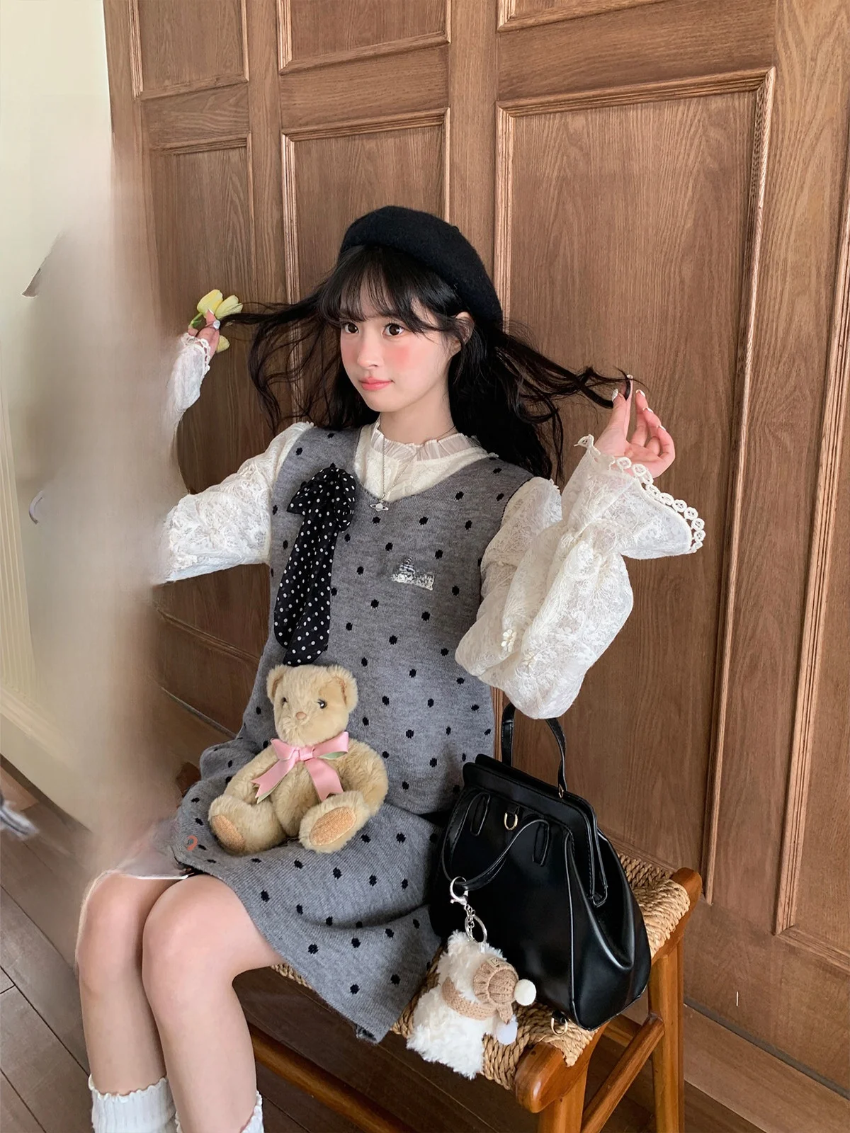 

Bibibency Spring 2025 Polka Dot Knitted Sweater Vest Dr Women's Base Layer Midi Skirt Sweet Sle Slim Fit No Brand Regist...